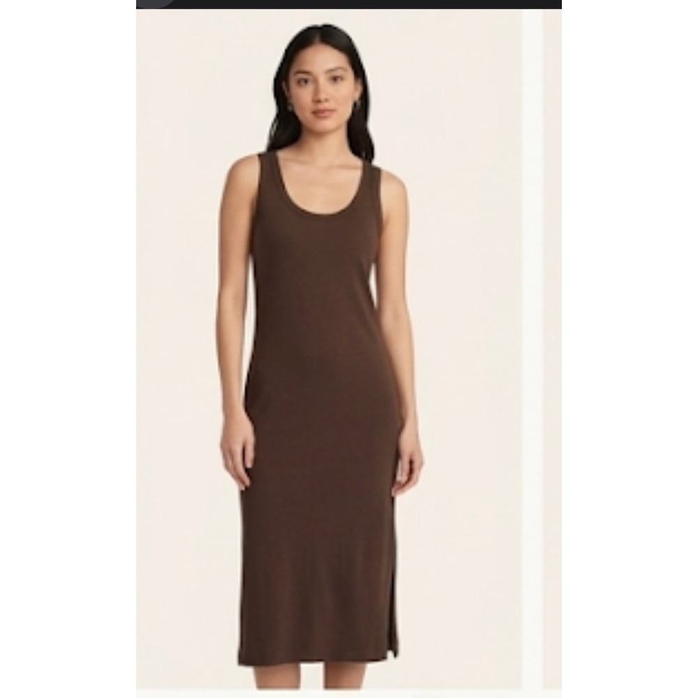 Banana Republic Dress Women XXS Brown SL Tank Linen Midi Scoop Neck Slit NWT